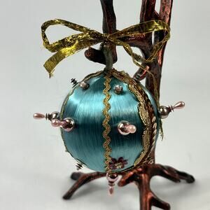 Vintage Handmade Blue Satin Ball Ornament 4" Jeweled Sequins Chenille Hook Bow